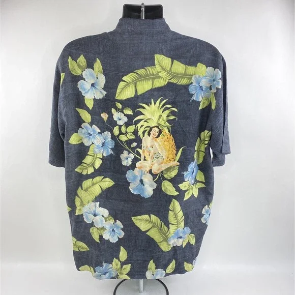 Tommy Bahama Hawaiian Silk Shirt Mens Large Pineapple Pin Up Girl Short Sleeve - Picture 3 of 9